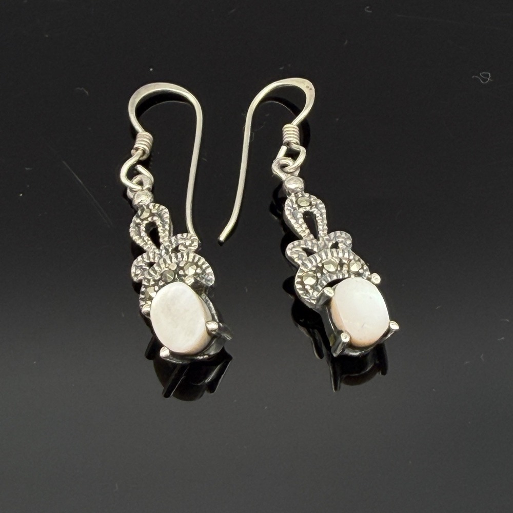 Vintage Marsala 925 Sterling Silver Mother of Pearl Marcasite Dangle Earrings